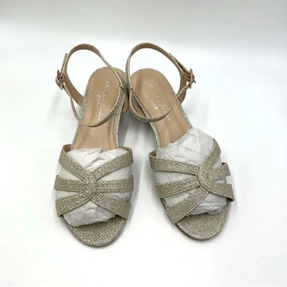 Paradox London Womens Size 7‎ Jackie Low Wedge Champagne Shimmer Dress Sandals